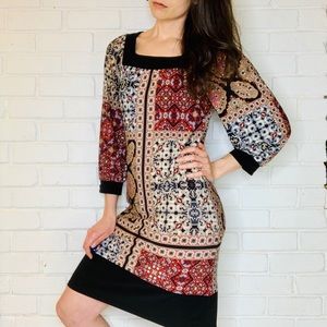 Patchwork Shift Tunic 3/4 Sleeve Midi Dress Sm